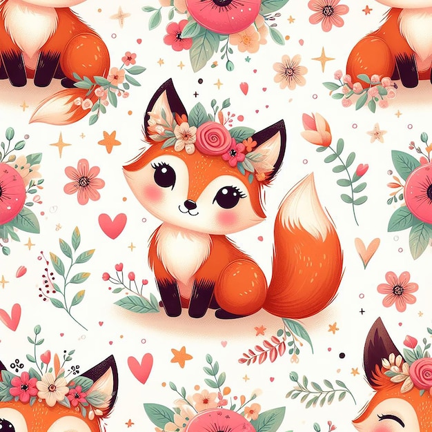 cute fox with flower background seamless pattern