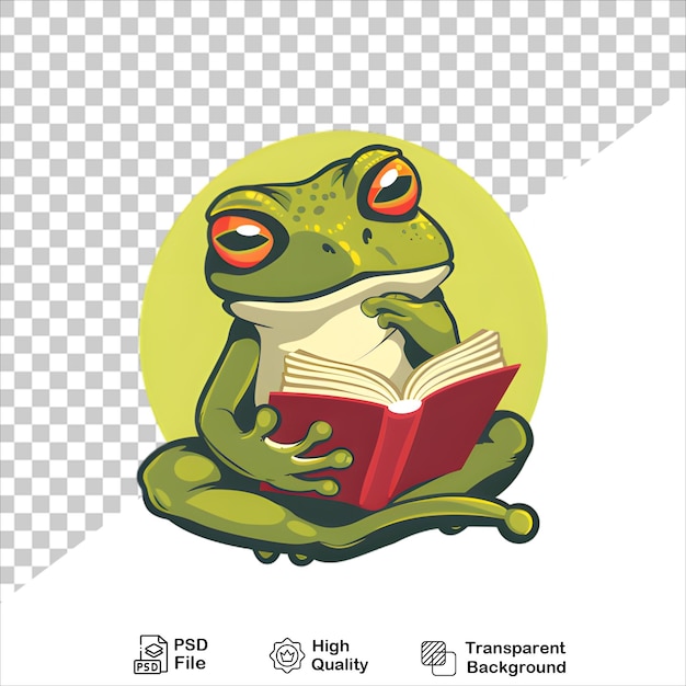 PSD cute frog character holding a book on transparent background