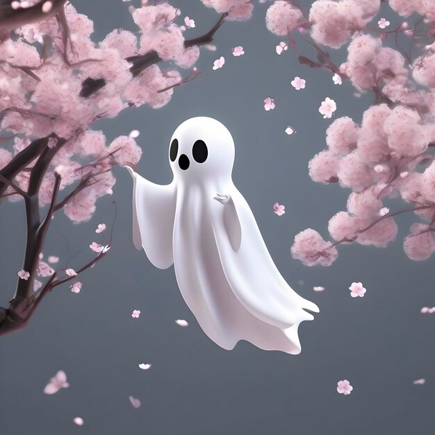 PSD a cute ghost in a cherry blossom forest aigenerated