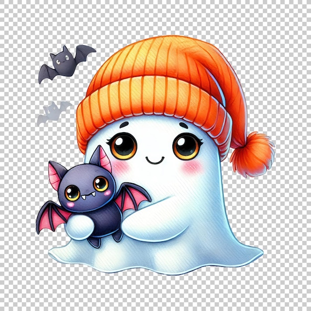 Cute ghost holding a bat wearing a winter hat isolated on transparent background