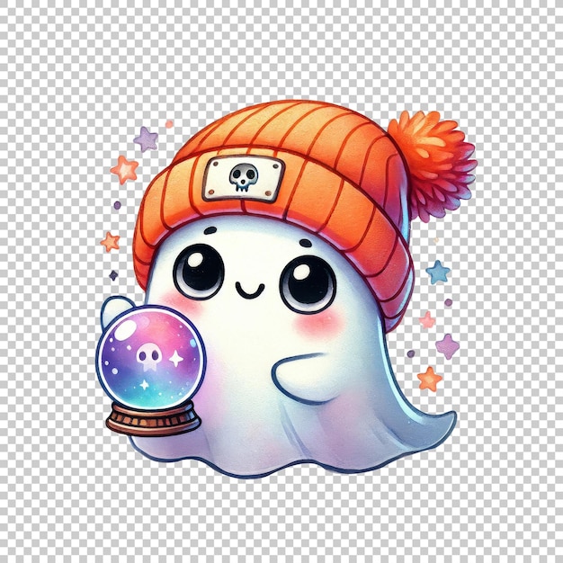 Cute ghost holding a crystal ball wearing a winter hat isolated on transparent background