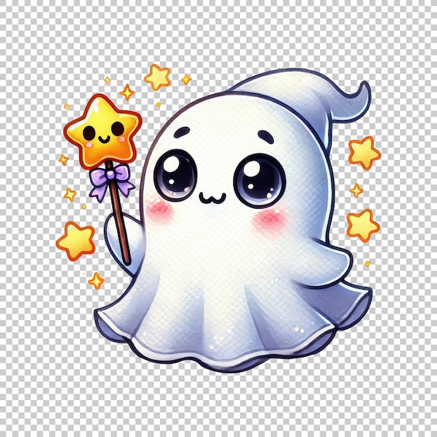 PSD cute ghost holding magic wand with stars isolated on transparent background