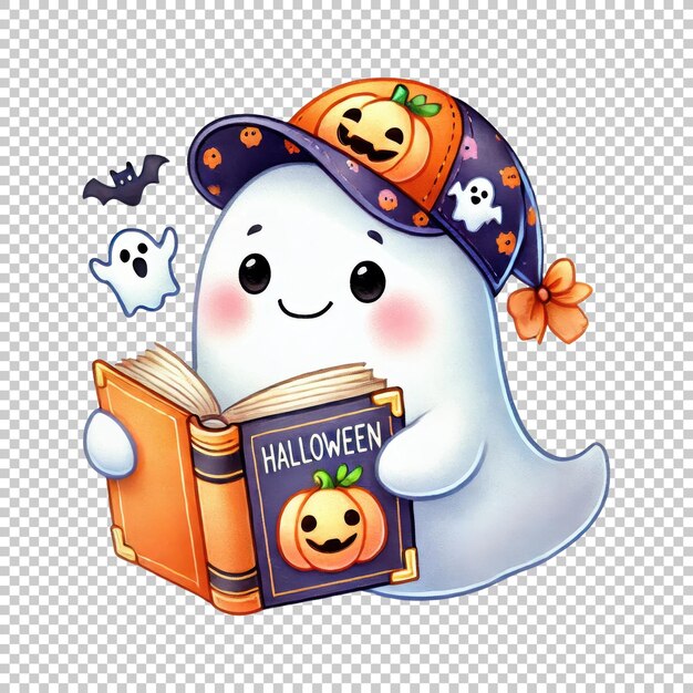 PSD cute ghost reading halloween book with pumpkin hat isolated on transparent background