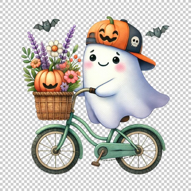 PSD cute ghost riding bicycle with halloween flowers and pumpkin isolated on transparent background