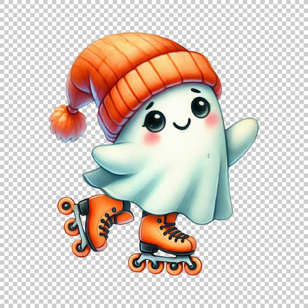 Cute ghost roller skating wearing a winter hat isolated on transparent background