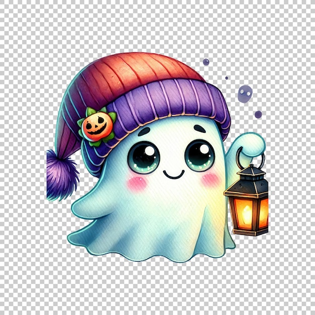 Cute ghost with Halloween hat holding a lantern isolated on transparent background