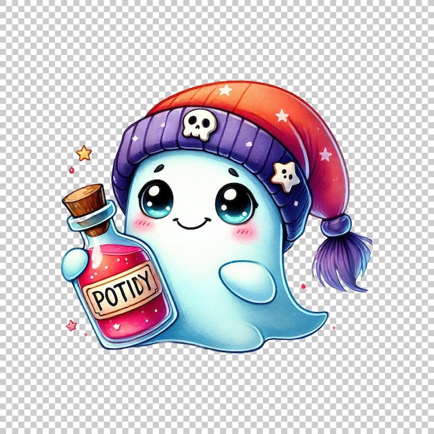 Cute ghost with Halloween potion bottle isolated on transparent background