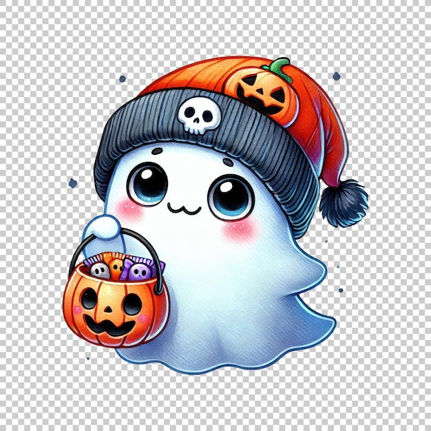 Cute ghost with pumpkin hat holding candy bucket isolated on transparent background