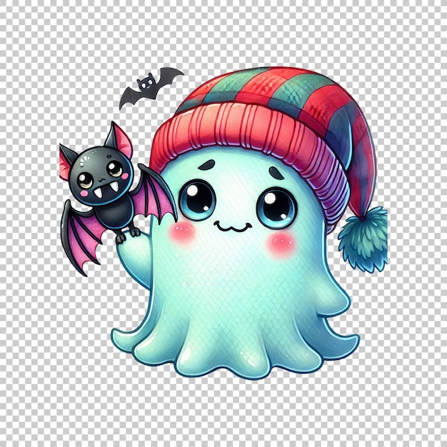 Cute ghost with Santa hat holding a bat isolated on transparent background