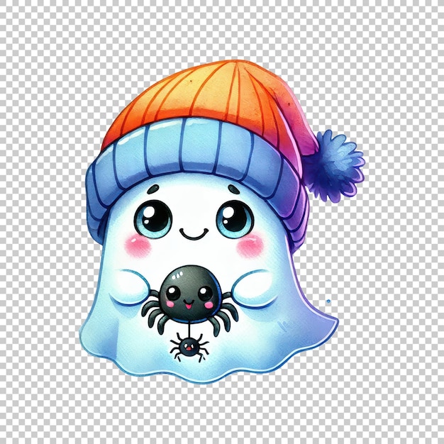 Cute ghost with Santa hat holding a spider isolated on transparent background