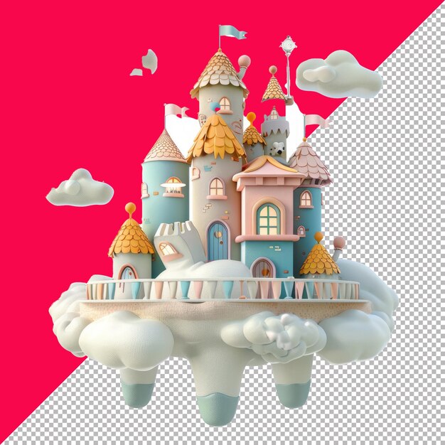 PSD cute giants castle in the sky 3d isolated render white background transparent background png psd