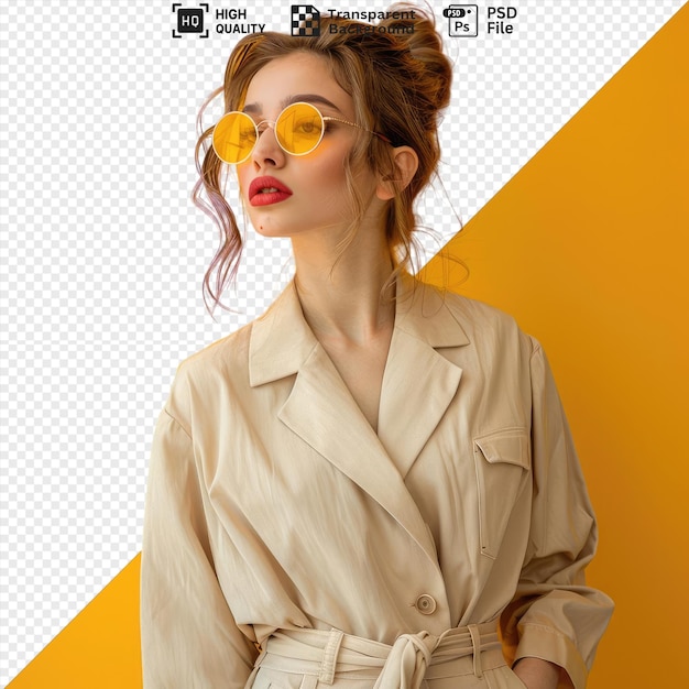 a cute girl in beige and in sunglasses posing in front of a yellow wall png psd