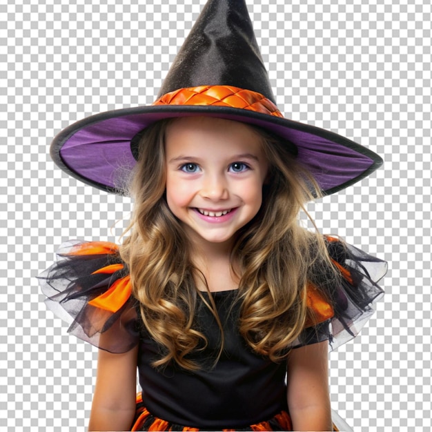 cute girl dressed as a witch for halloween on transparent background