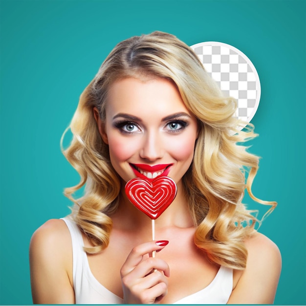 PSD cute girl pretty blonde lady wearing red lipstick in pink blouse with requisites crown and lips