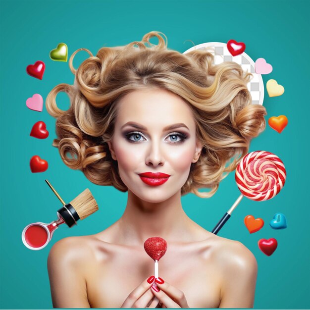 PSD cute girl pretty blonde lady wearing red lipstick in pink blouse with requisites crown and lips