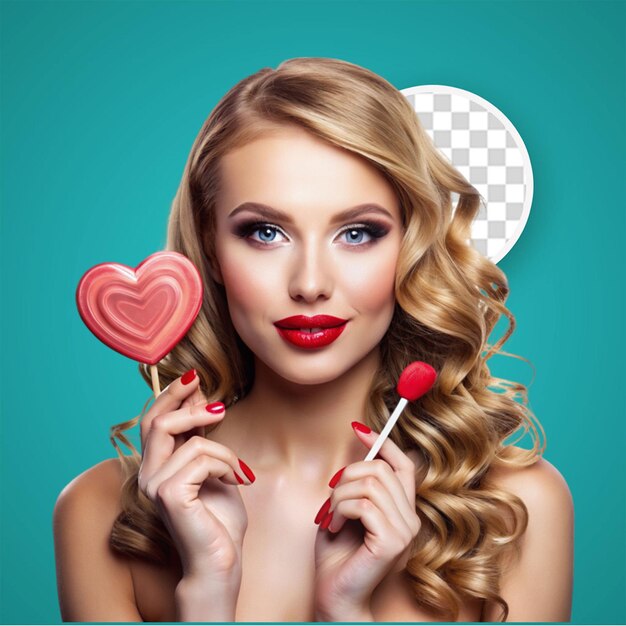 PSD cute girl pretty blonde lady wearing red lipstick in pink blouse with requisites crown and lips