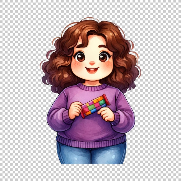 Cute girl with curly hair holding a chocolate bar isolated on transparent background