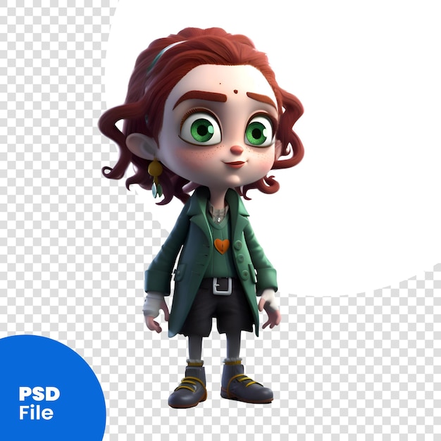 Cute girl with green jacket and red hair isolated on white background PSD template