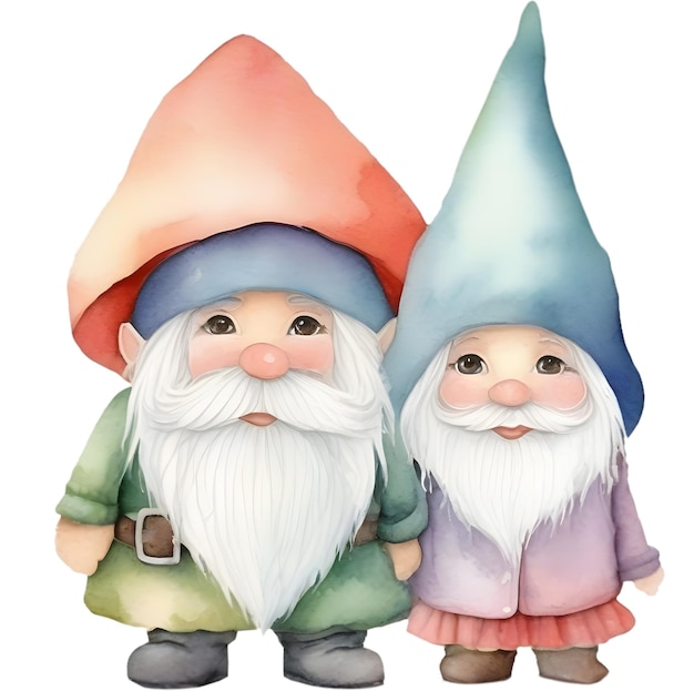 a cute gnome couple clipart big hat covering gnomes eyes watercolor illustration pastel color