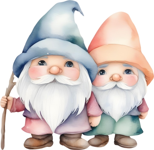 a cute gnome couple clipart big hat covering gnomes eyes watercolor illustration pastel color