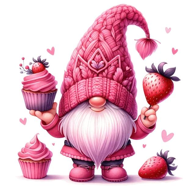 PSD cute gnome cupcake strawberry valentines day clipart illustration