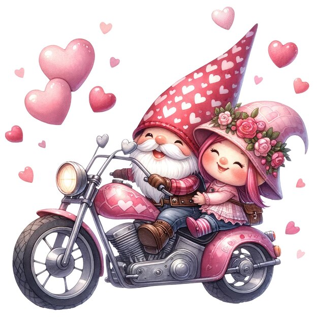 PSD cute gnome motorcycle couple valentine watercolor clipart illustration