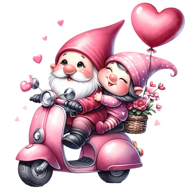 Cute Gnome Scooter With Passenger Valentine Watercolor Clipart Illustration