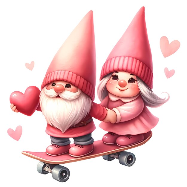 PSD cute gnome skateboard with couple valentine watercolor clipart illustration