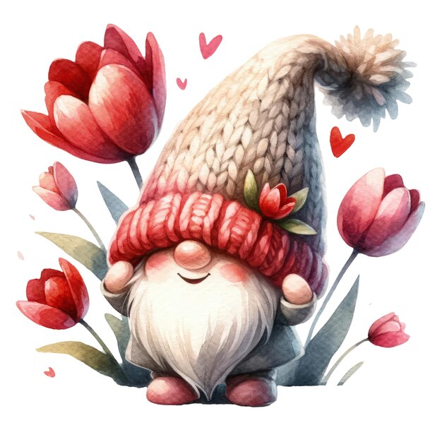 PSD cute gnome tulips valentine clipart illustration