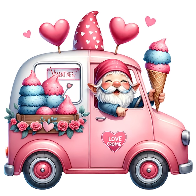 Cute Gnome Valentine Ice Cream Truck Watercolor Clipart Illustration