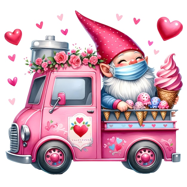 Cute Gnome Valentine Ice Cream Truck Watercolor Clipart Illustration