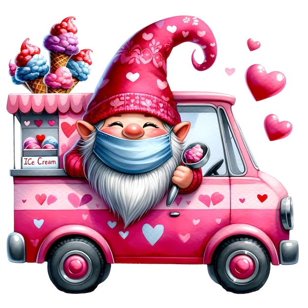 Cute Gnome Valentine Ice Cream Truck Watercolor Clipart Illustration