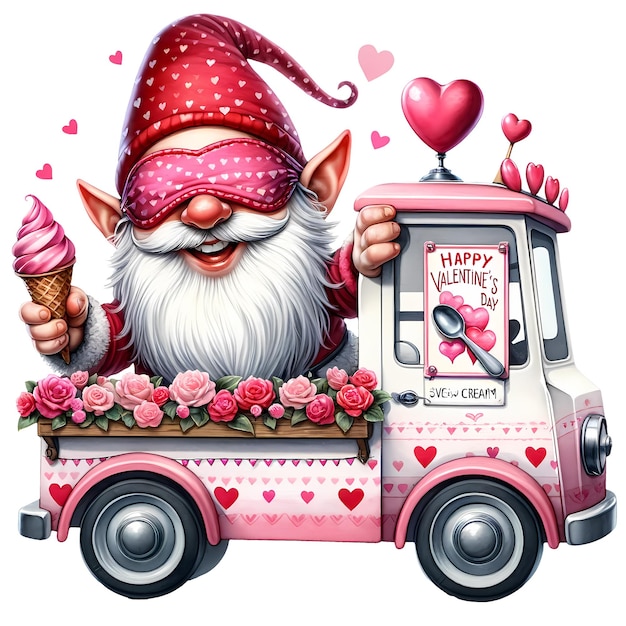 Cute Gnome Valentine Ice Cream Truck Watercolor Clipart Illustration