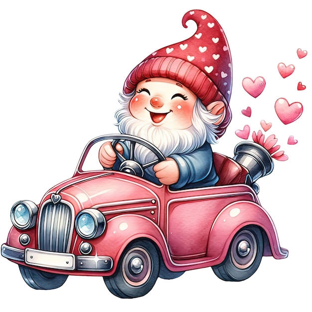 Cute Gnome Valentine Red Car Watercolor Clipart Illustration