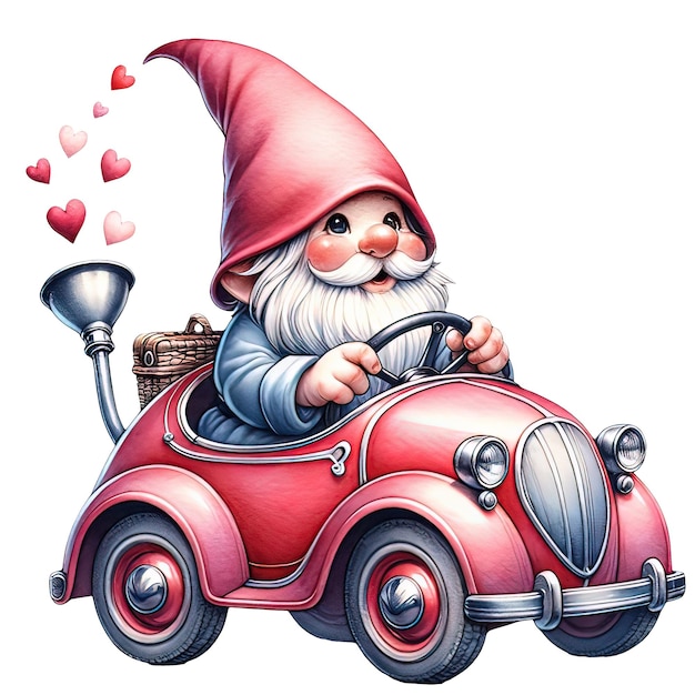 Cute Gnome Valentine Red Car Watercolor Clipart Illustration