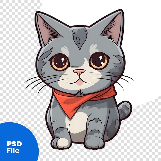 Cute gray cat in a red scarf Vector illustration on white background PSD template