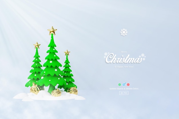 Cute green Christmas tree with bauble balls background template 3d illustration isolated