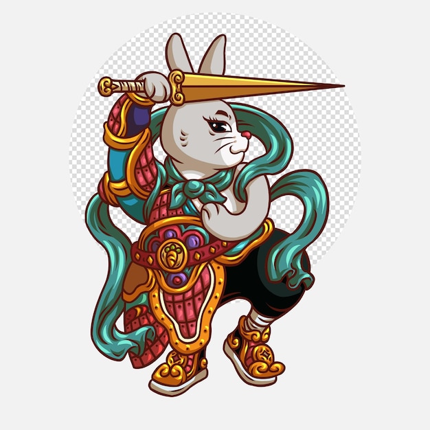 Cute grey rabbit door god character with sword on white background