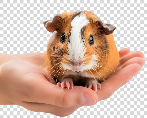 Cute guinea pig in hand on transparent background