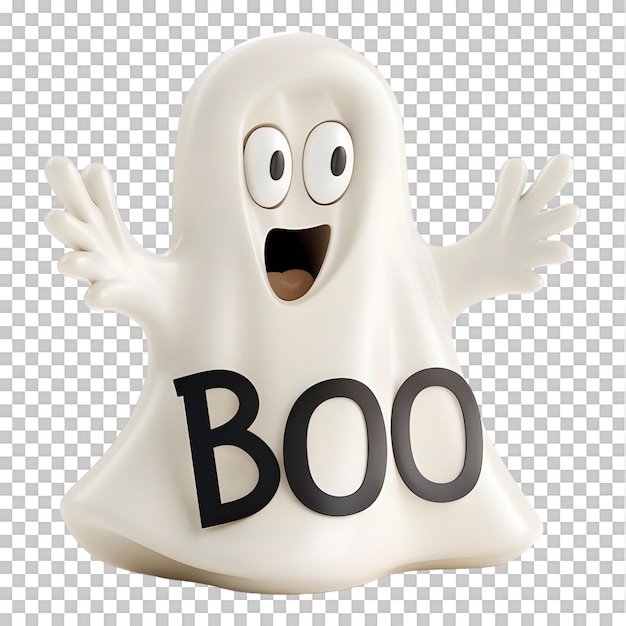 PSD cute halloween ghost with boo text on transparent background