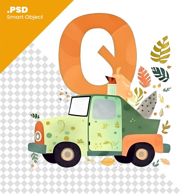 PSD cute hand drawn letter q in the form of a green car vector illustration psd template