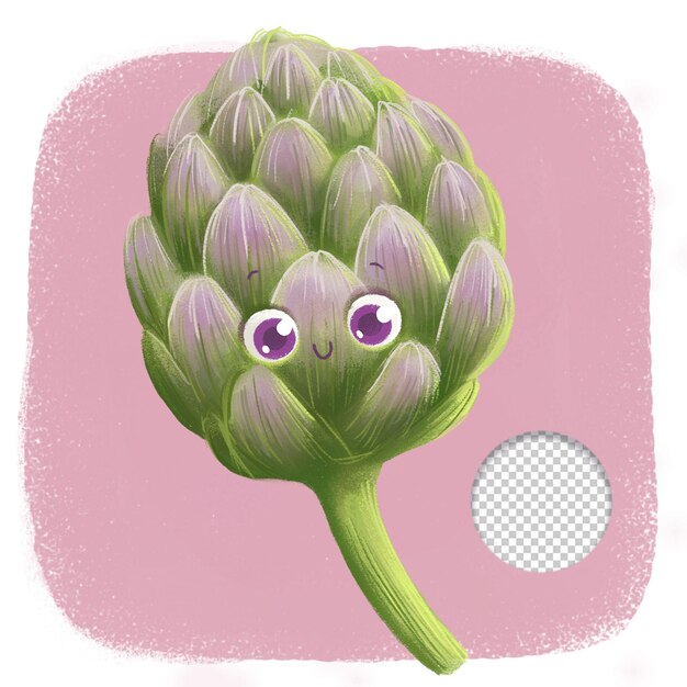 Cute happy artichoke kawaii style illustration on pink background