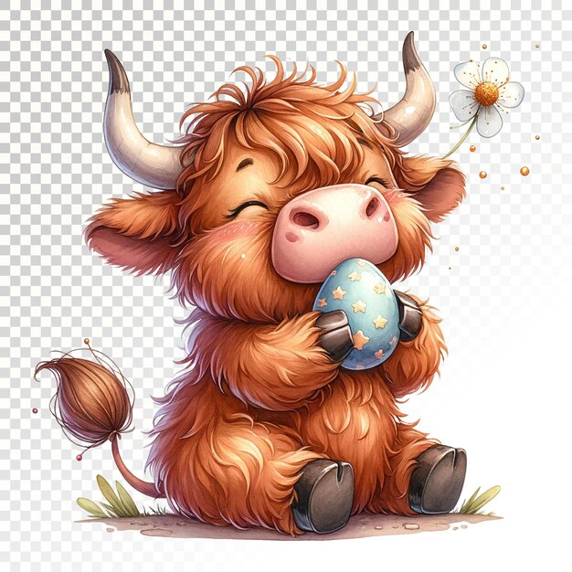 PSD cute happy highland cow making a wish with an easter egg watercolor clipart