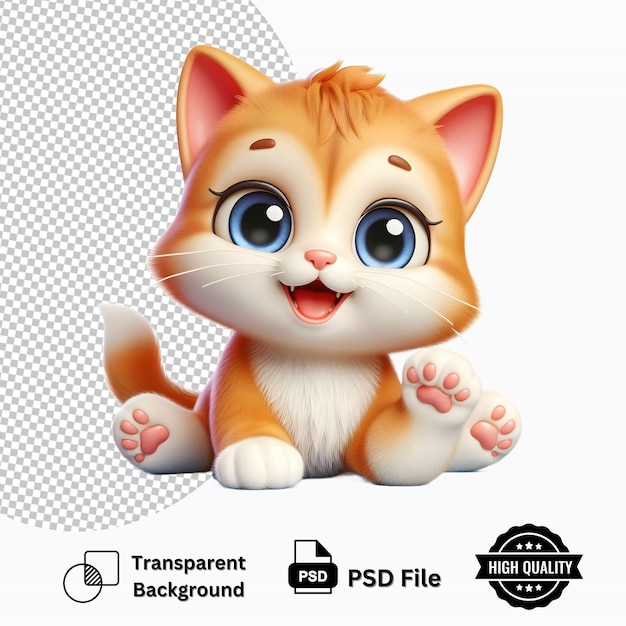 PSD cute happy kitten 3d cartoon isolated on transparent background