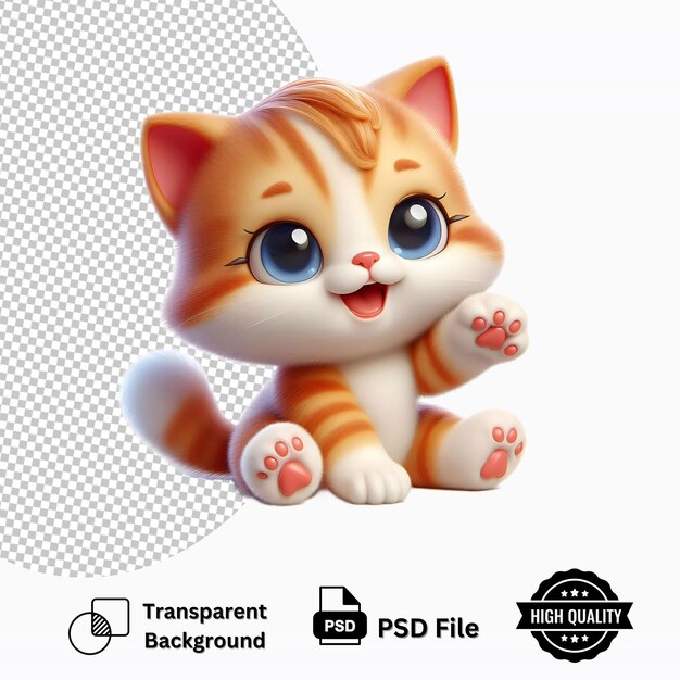 PSD cute happy kitten 3d cartoon isolated on transparent background