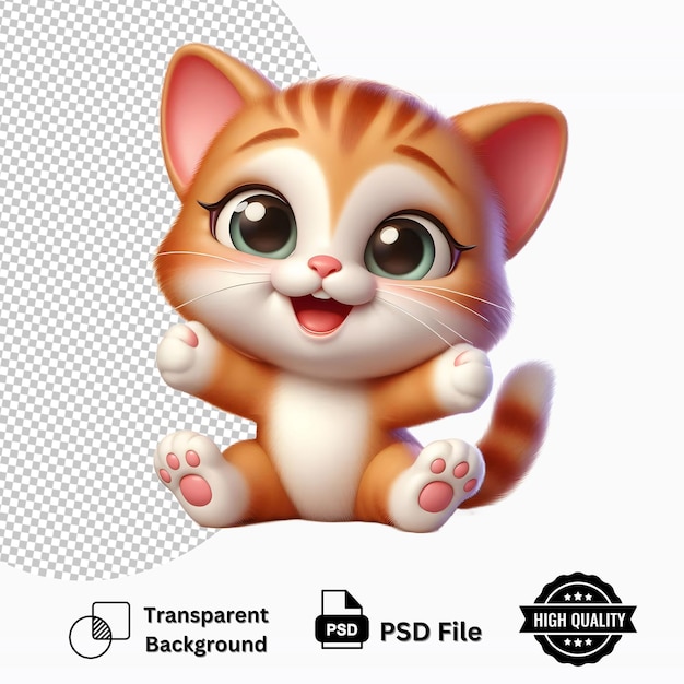 PSD cute happy kitten 3d cartoon isolated on transparent background