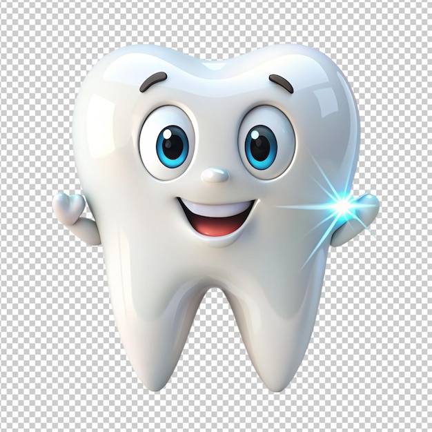 cute healthy shiny cartoon tooth character on transparent background