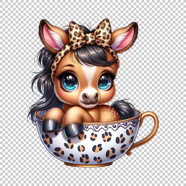 Cute horse in teacup with leopard print isolated on transparent background