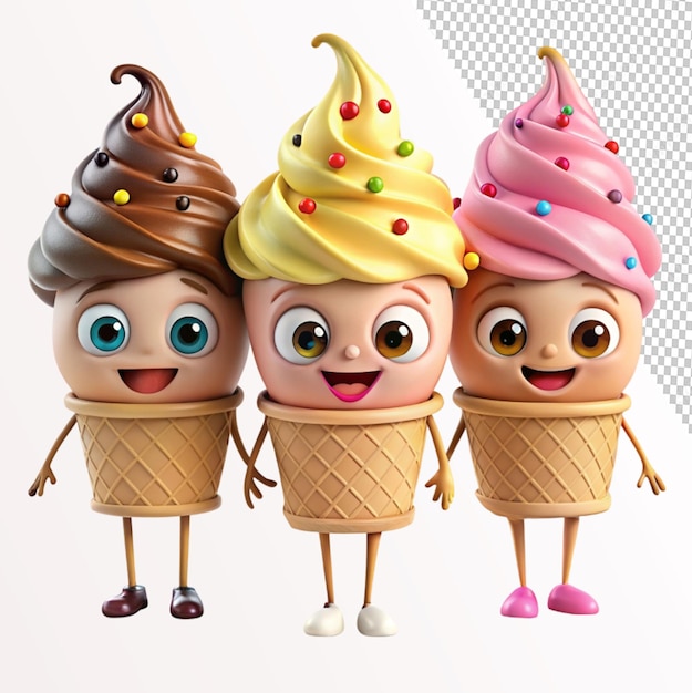 PSD cute ice cream characters with funny faces on transparent background