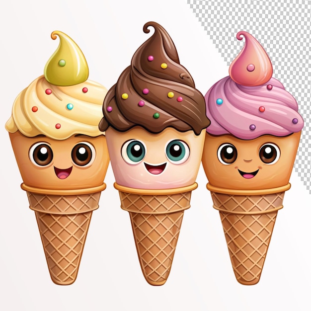 PSD cute ice cream characters with funny faces on transparent background